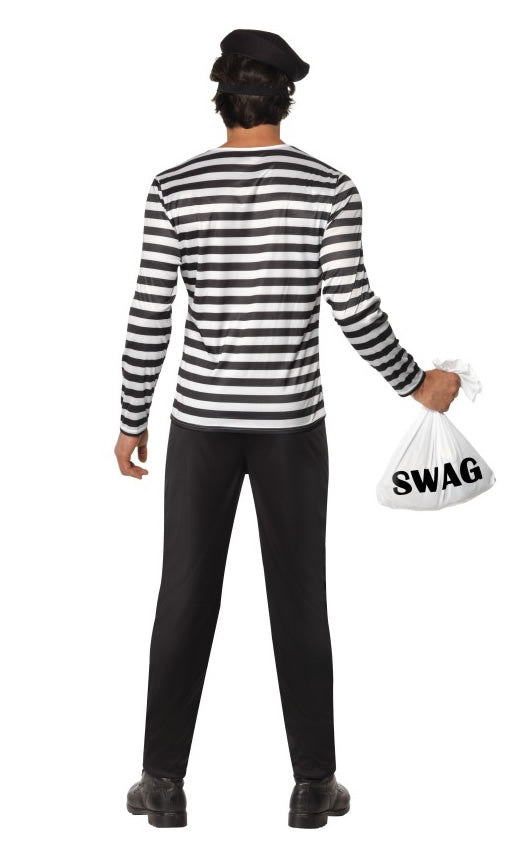 Back of bank robber black and white costume with hat, mask, pants, and swag bag