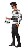 Side of bank robber black and white costume with hat, mask, pants, and swag bag