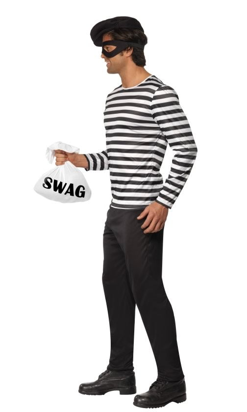 Side of bank robber black and white costume with hat, mask, pants, and swag bag