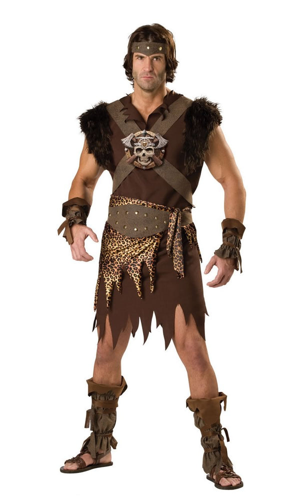 Brown barbarian costume with vinyl chest piece, headpiece, shin and wrist guards and belt
