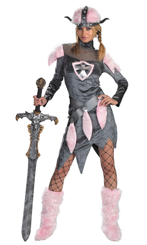Grey and pink woman's Viking costume with head piece and boot covers