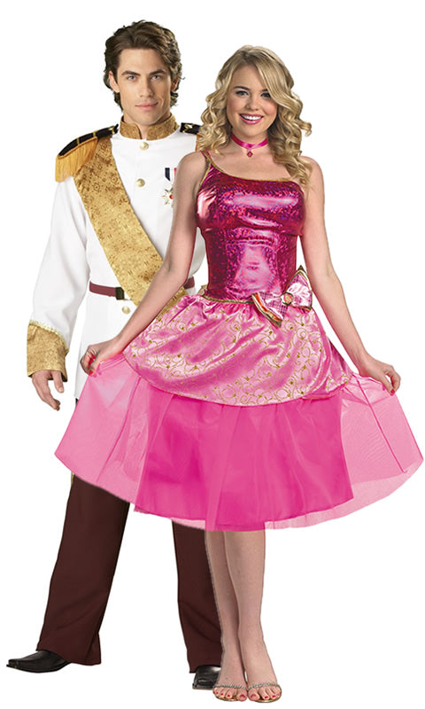 Pink Barbie one shoulder princess dress next to Prince