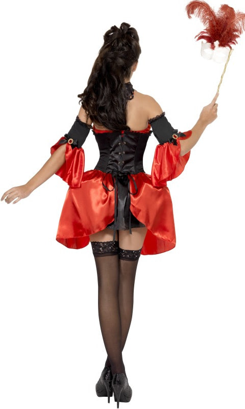 Back of red baroque dress with corset, attached overskirt, mask and sleeves