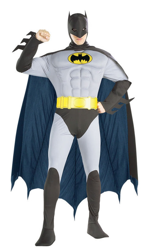Grey muscle chest Batman jumpsuit with cape, yellow belt and mask