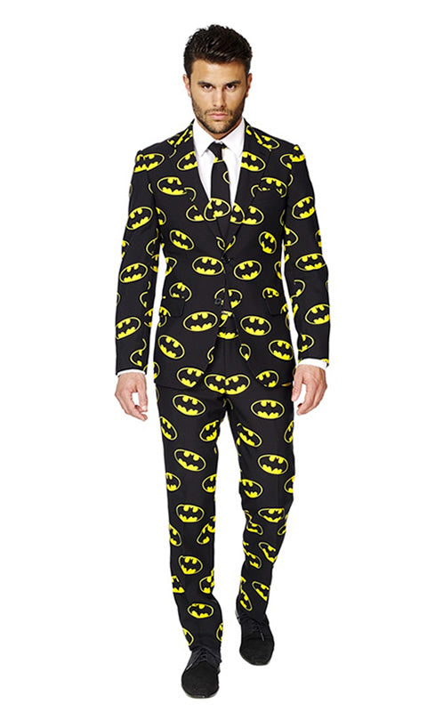 Black and yellow Batman suit with bat logos stepping