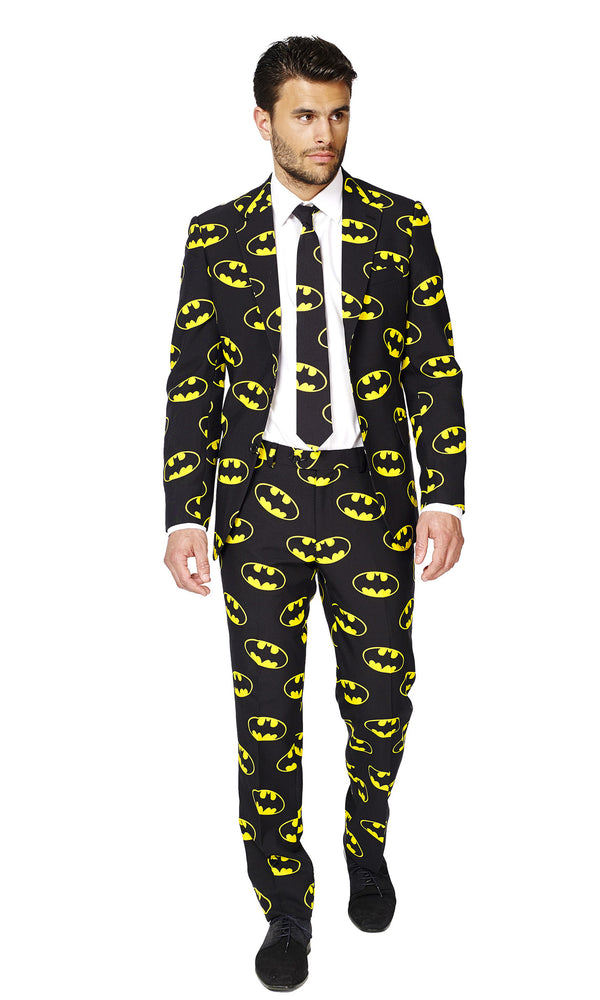Black and yellow Batman suit with bat logos