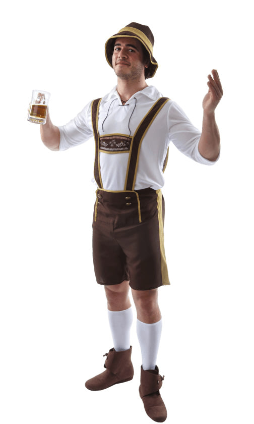 Men's brown Bavarian costume shorts with suspenders, white shirt and hat