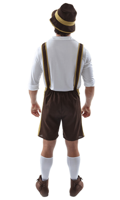 Back of men's brown Bavarian costume shorts with suspenders, white shirt and hat