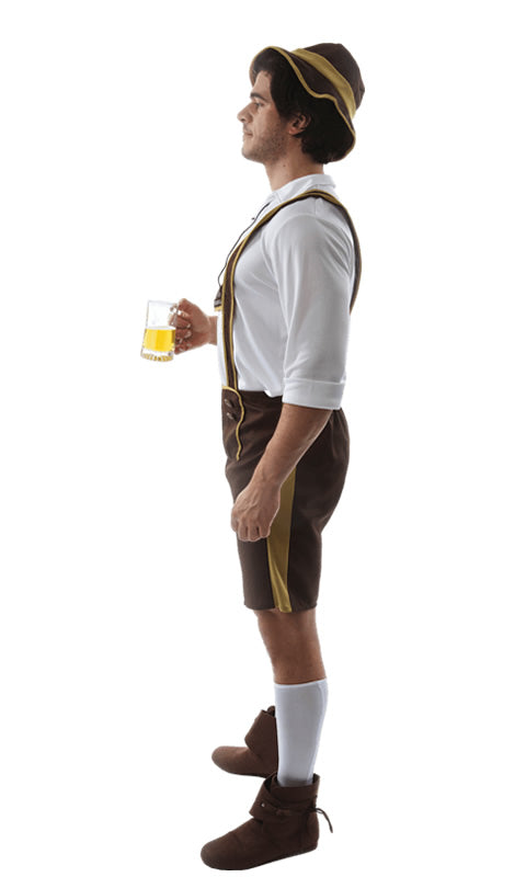 Side of men's brown Bavarian costume shorts with suspenders, white shirt and hat