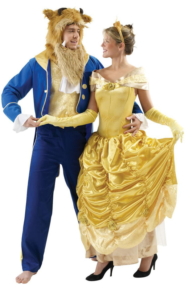 Long Belle dress with tiara and long gloves, next to Beast
