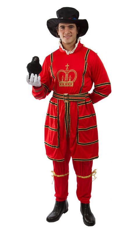 Red Beefeater guard costume with black hat and belt