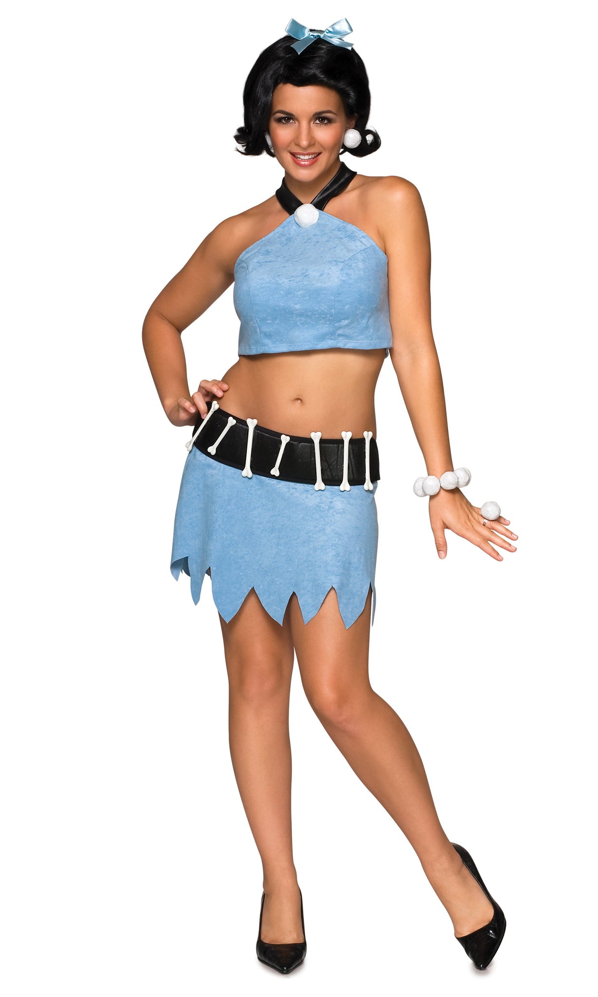 Short blue Betty Rubble costume with bone belt and black wig