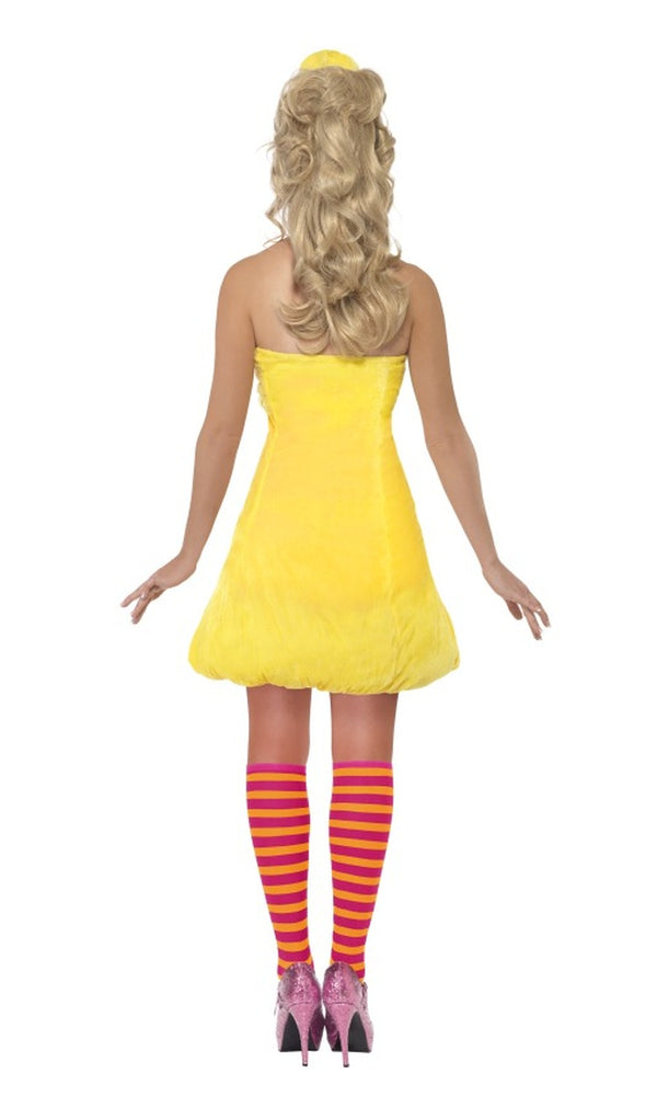 Back of short yellow Big Bird dress with headband and striped socks