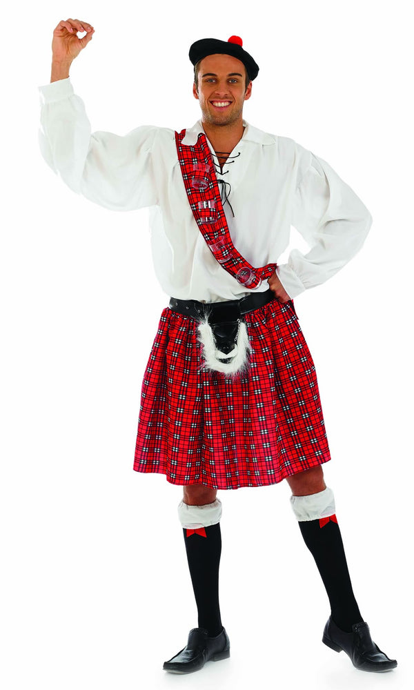 Red and white Scottish costume with hat, sporran and shot glasses on sash