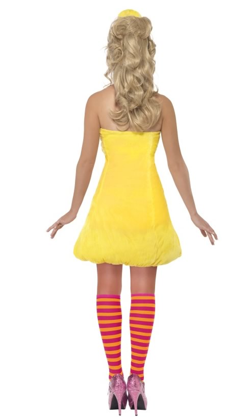 Back of short yellow Big Bird dress with headband and striped socks