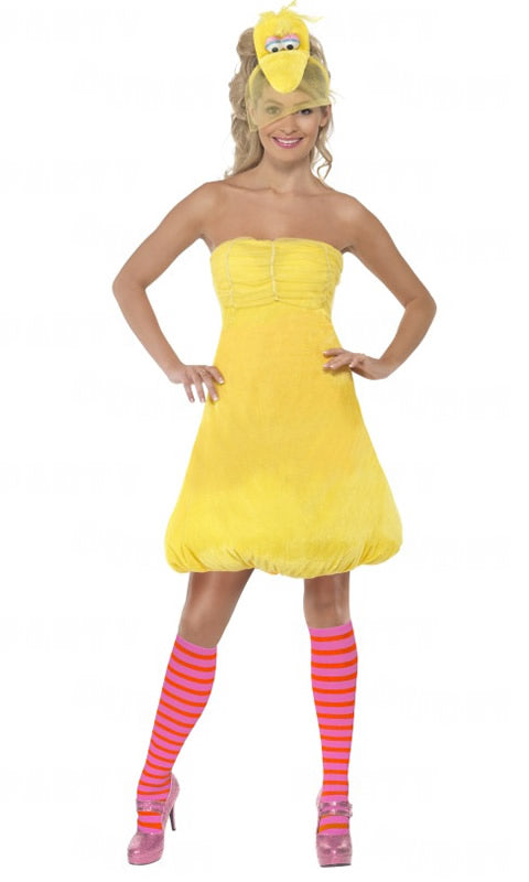 Short yellow Big Bird dress with headband and striped socks