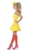 Side of short yellow Big Bird dress with headband and striped socks