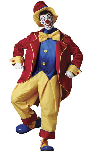 Red and yellow deluxe clown costume with bow tie, hat, gloves and socks