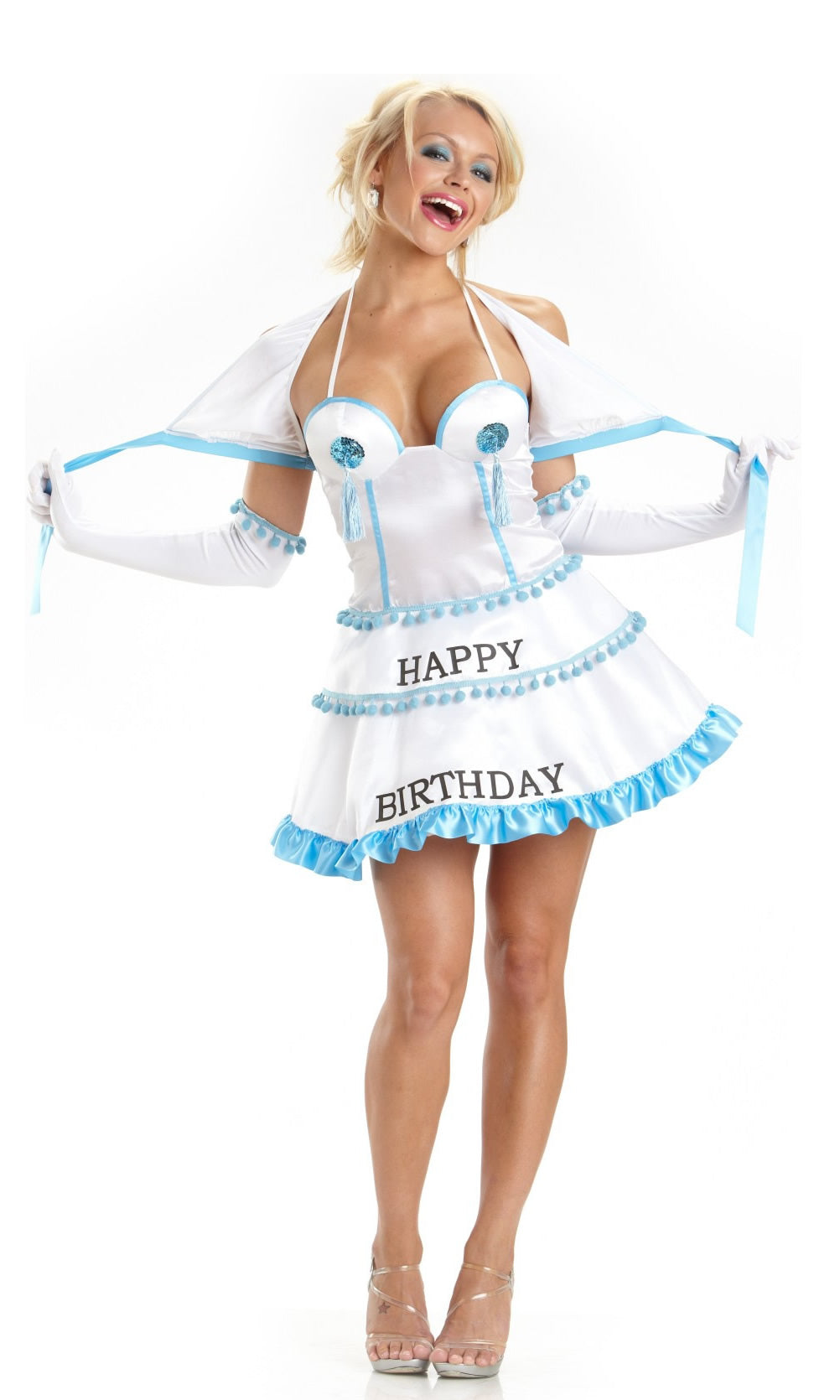 Birthday cake surprise costume in white and blue with 'Happy Birthday' printed, with long gloves