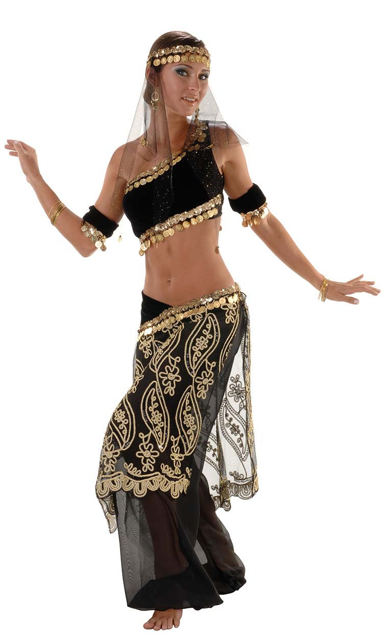 Black and gold belly dancing costume with short top and long leggings