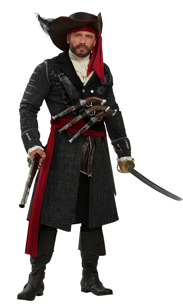 Long dark grey Blackbeard pirate costume with hat and boot covers