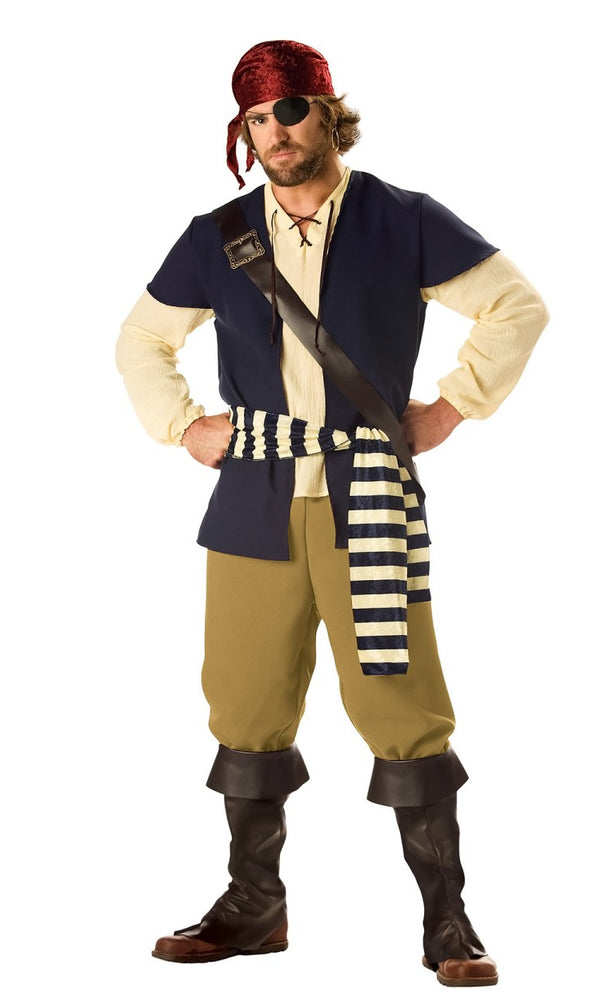 Pirate costume with vest, boot tops, waist sash and eye patch