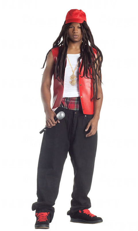 Red rasta rapper costume waistcoat with underwear, dreads and red hat