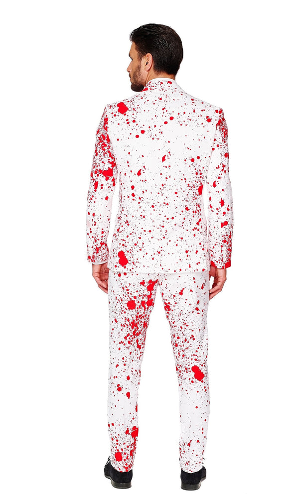 Back of white men's Bloody Harry suit with blood splatters