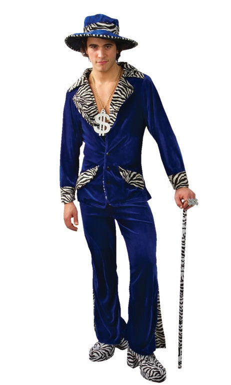 Blue pimp costume pants, jacket and hat with animal stripes