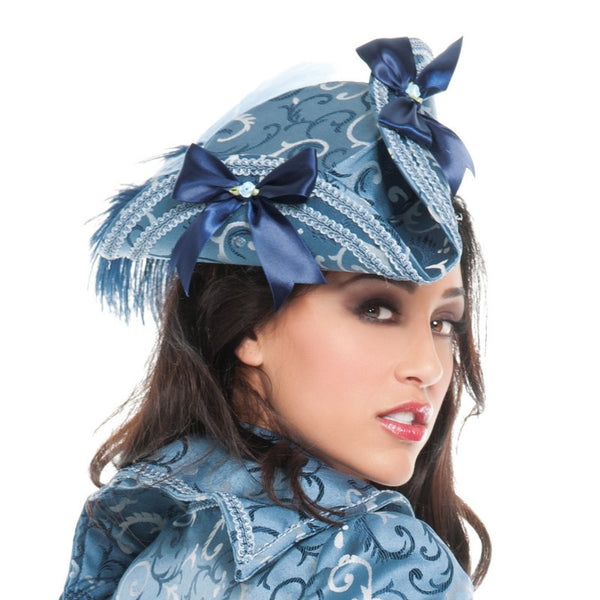 Woman's blue pirate hat with ribbons and swirl patterns