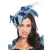 Woman's blue pirate hat with feathers, ribbons and swirl patterns alternate view