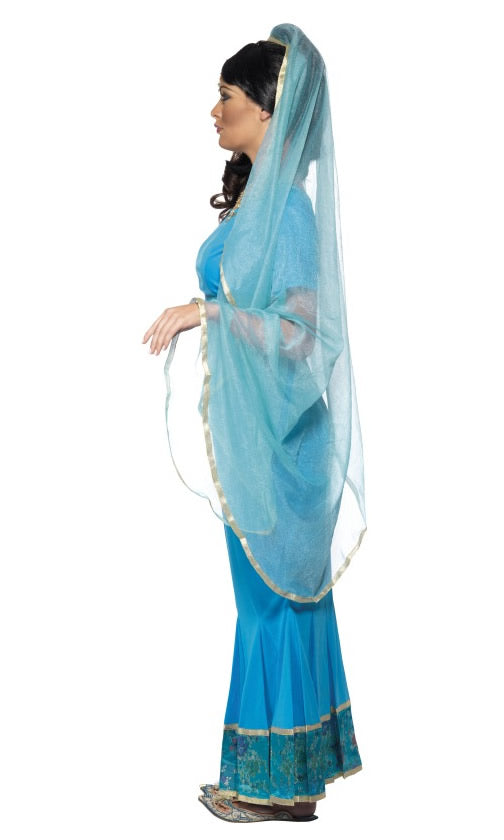 Side of long blue Bollywood costume with veil