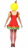 Back of short red clown dress with green petticoat and hat on headband