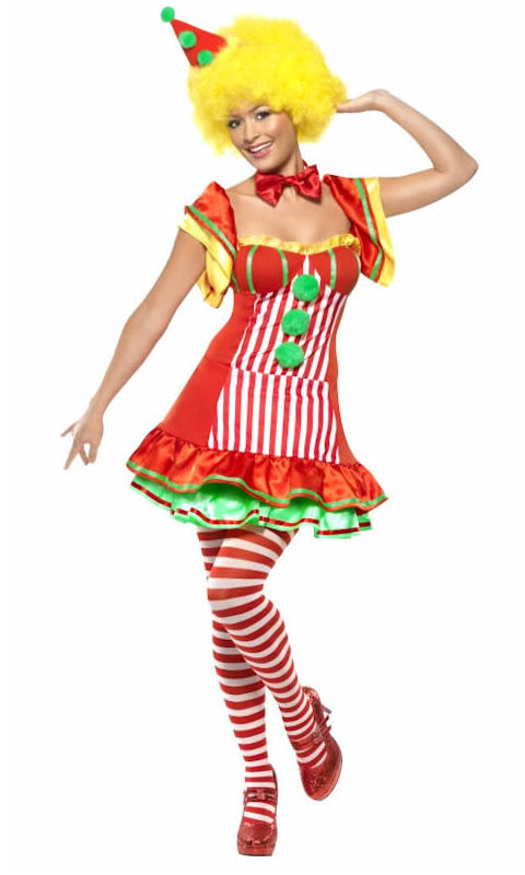 Short red clown dress with green petticoat and hat on headband