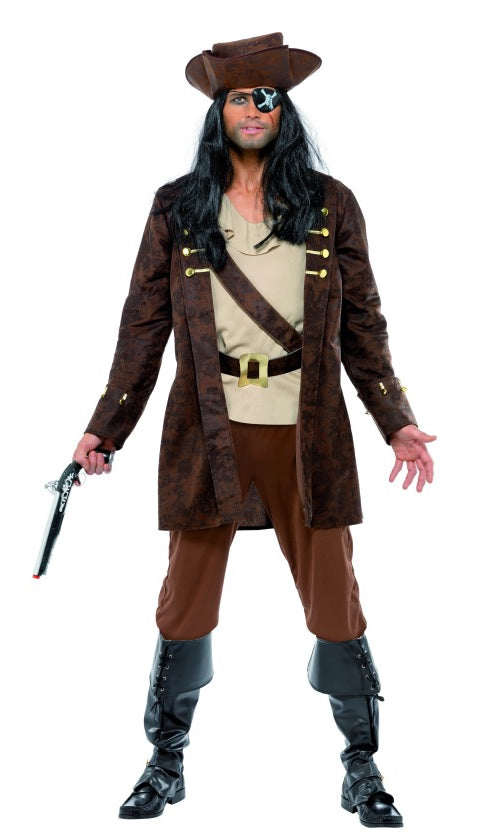 Men's brown pirate costume with hat and boot covers