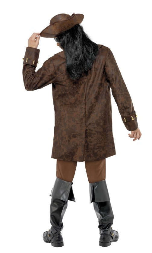 Back of men's brown pirate costume with hat and boot covers