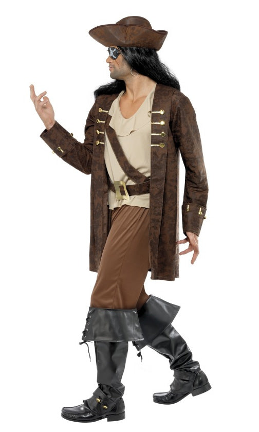 Side of men's brown pirate costume with hat and boot covers