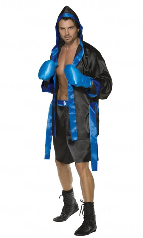 Black hooded boxing robe with blue trim and belt, short and foam padded gloves
