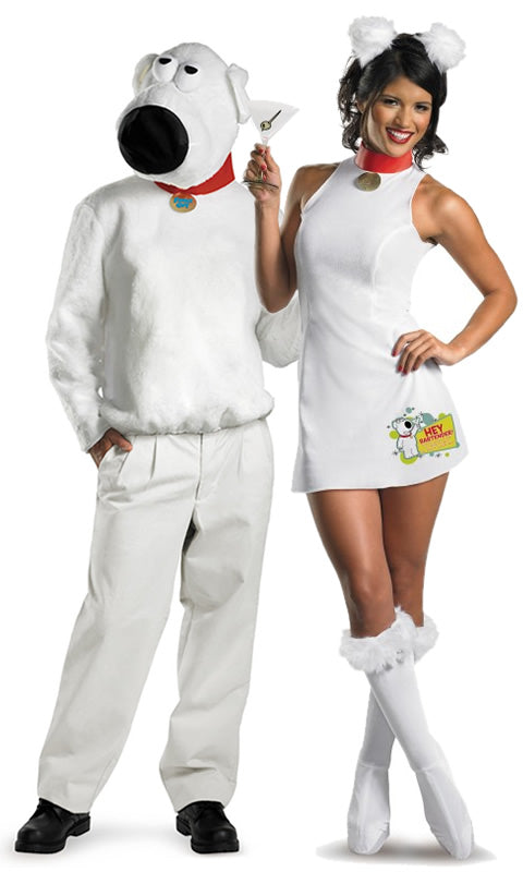 Woman's Brian from Family Guy dress with ears and boot covers, next to Brian