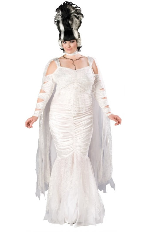 Long white Bride of Frankenstein dress with black and white beehive wig