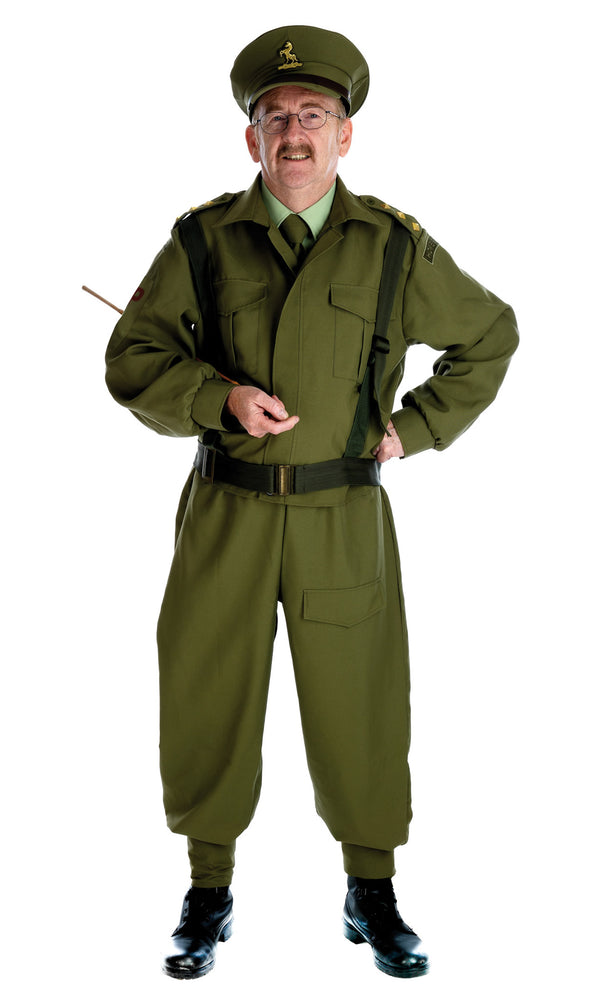 Green British Homeguard soldier costume with hat, jacket, trousers and belt straps