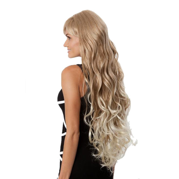 Very long blonde wavy wig side view