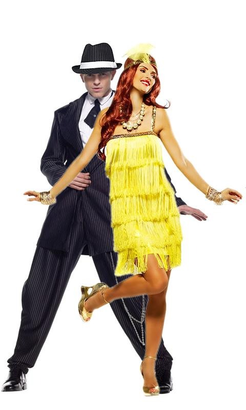 Yellow flapper dress with tassels and matching headband, next to gangster man