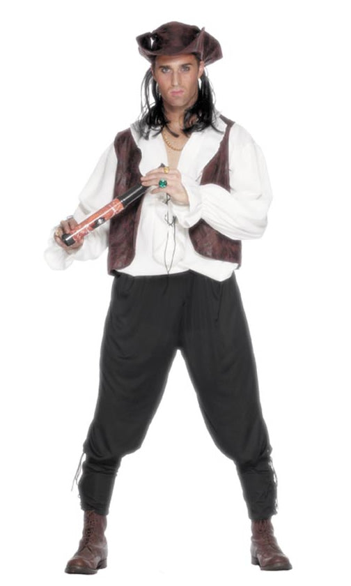 Men's pirate costume with hat with attached hair, vest, shirt and pants