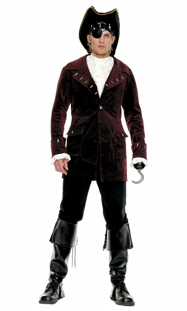 Buccaneer pirate costume with velvet jacket, hat, patch and boot covers