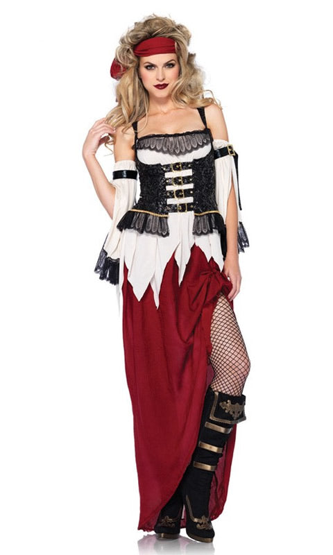 Red, white and black pirate dress with drape sleeves and red headscarf