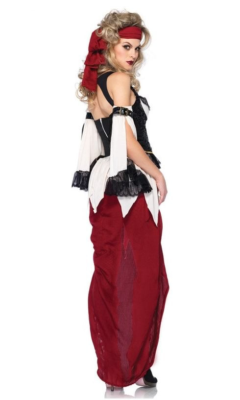 Back of red, white and black pirate dress with drape sleeves and red headscarf