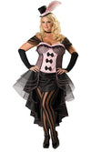 Long black and pink plus size burlesque dress with hat, gloves and shorts