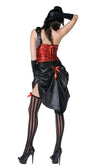 Back of burlesque black and red costume with hat on headband