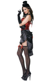 Side of burlesque black and red costume with hat on headband